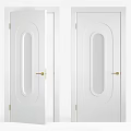 White Swing Door Design With Oval Glass Window And Gold Handle