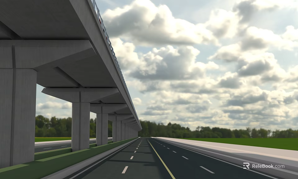 Scenic Highway Viaduct Roadway With Concrete Pillars Green Landscape And Cloudy Sky 3d model 