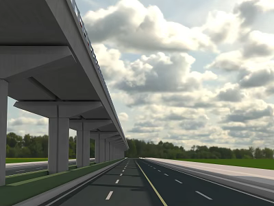 Scenic Highway Viaduct Roadway With Concrete Pillars Green Landscape And Cloudy Sky 3d model