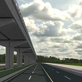 Scenic Highway Viaduct Roadway With Concrete Pillars Green Landscape And Cloudy Sky