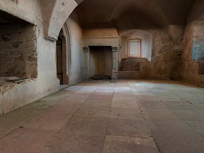 Ancient Stone Interior Featuring Arched Doorways Fireplace And Stone Tiled Floor 3d model