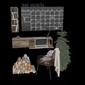 Wall Mounted Wooden Desk and Rattan Chair Set with Chalkboard Calendar Christmas Tree and Firewood