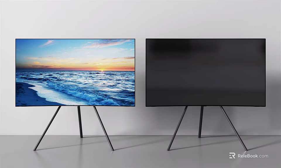Two TVs Displaying Ocean Sunset Scene On Black Tripod Stands Against White Wall 3d model 