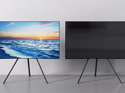 Two TVs Displaying Ocean Sunset Scene On Black Tripod Stands Against White Wall 3d model