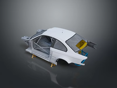 White Car Body Frame With Open Doors And Structural Components On Stands 3d model