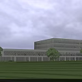 Modern Office Building With Glass Facade Unique Roof Design And Landscaped Lawn