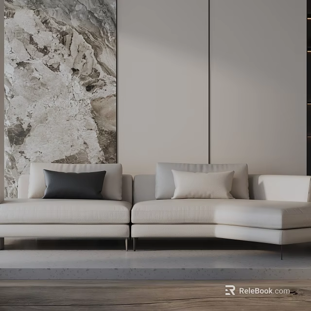 Minimalist Modern Beige Three Seat Sofa With Black And Beige Pillows And Marble Wall Art 3d model 