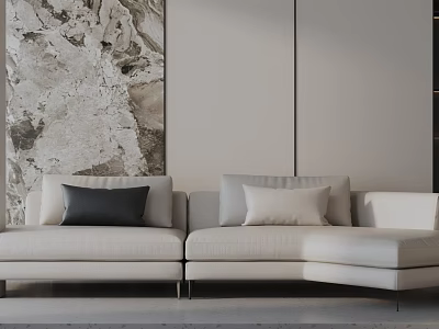 Minimalist Modern Beige Three Seat Sofa With Black And Beige Pillows And Marble Wall Art 3d model