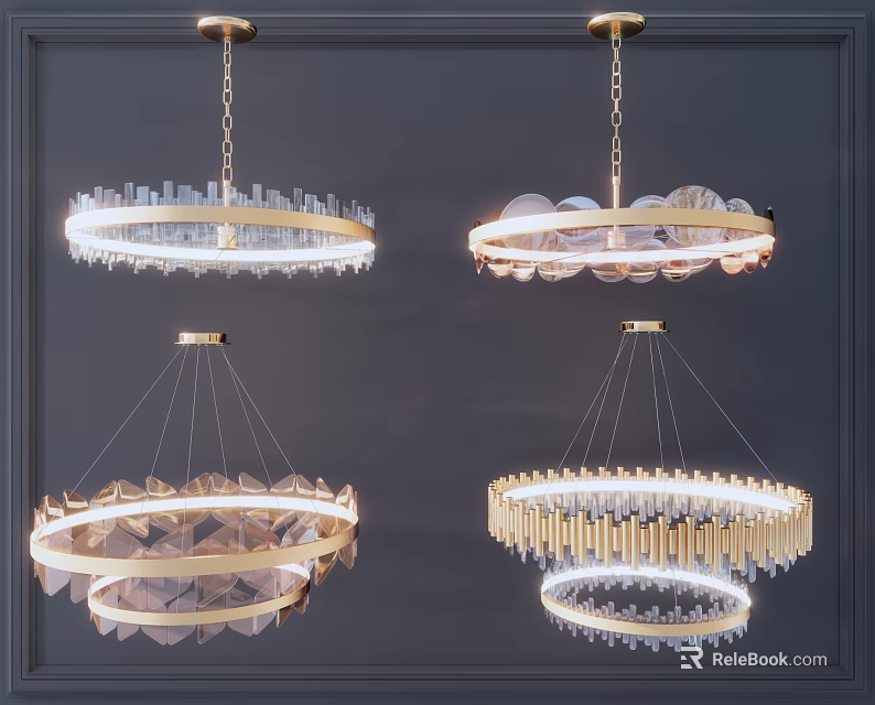 Modern Chandeliers Featuring Circular Shapes Crystal Details Metal Chains and Soft Illumination for Home Decoration 3d model 