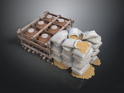Wooden Crate With Clay Pots And Stacked Sacks Of Spilled Grains 3d model