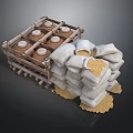 Wooden Crate With Clay Pots And Stacked Sacks Of Spilled Grains