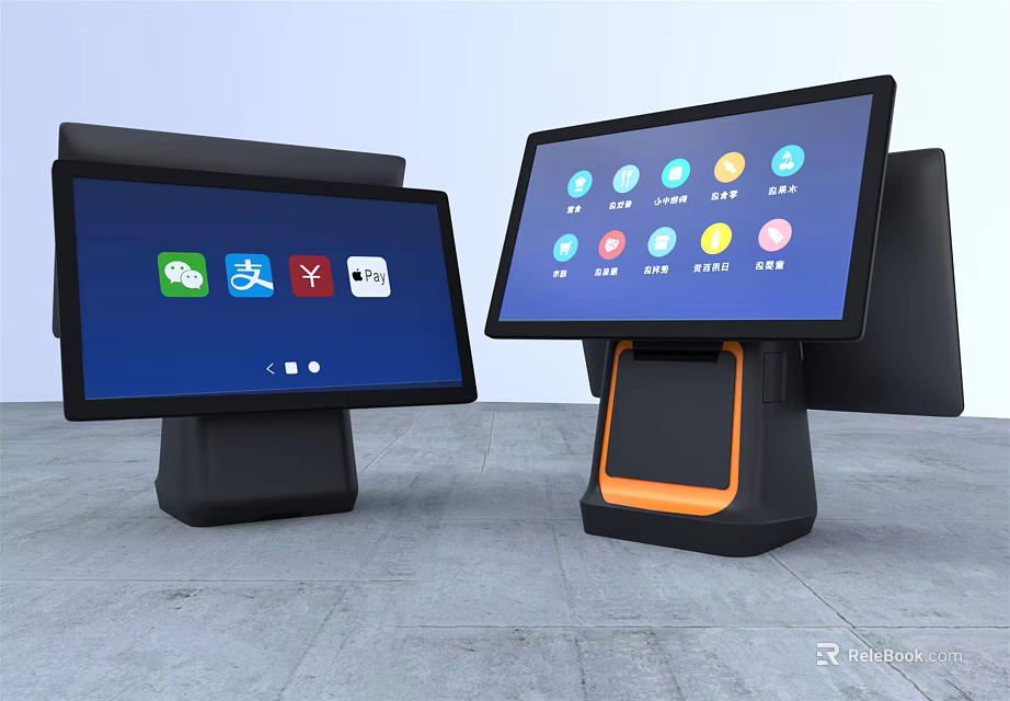 Modern Commercial POS Terminals With Dual Screens And Payment Icons 3d model 