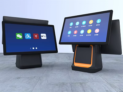 Modern Commercial POS Terminals With Dual Screens And Payment Icons 3d model