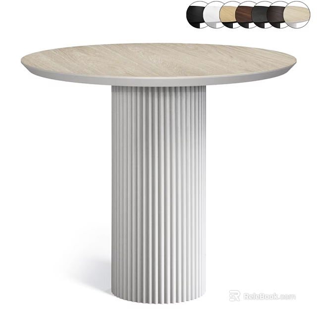 Round Wooden Dining Table With White Fluted Base And Minimalist Design 3d model 