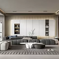 Modern Living Room Interior With Gray Sofa Beige Ottoman White Coffee Table And Wooden Shelves