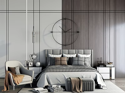 Background Double Bed Interior With Upholstered Headboard Plaid Pillows Nightstand And Decorative Clock 3d model