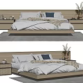 Modern Wooden Double Bed With Headboard White Quilt Pillows And Nightstand Decorations