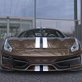 Brown High Performance Sports Car Featuring White Stripes And Streamlined Design Near Modern Building