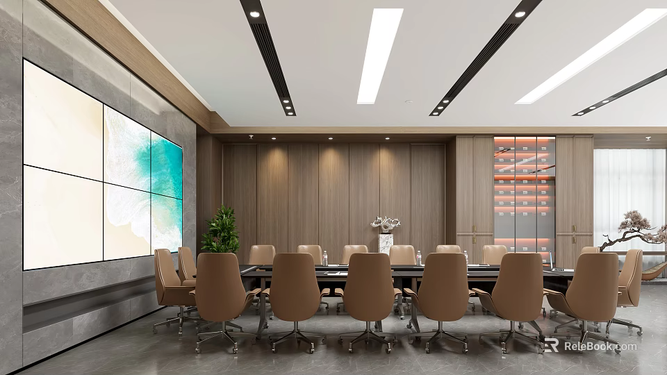 Elegant Modern Conference Room Featuring Large Display Wooden Walls And Leather Chairs 3d model 