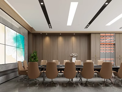 Elegant Modern Conference Room Featuring Large Display Wooden Walls And Leather Chairs 3d model