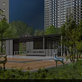 Garden Landscape Design With Green Plants Pavilion Water Feature And Deer Sculptures