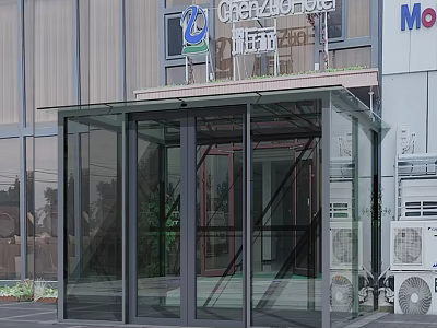 Modern Glass Entrance Gate With Canopy And Company Logo On Commercial Building 3d model