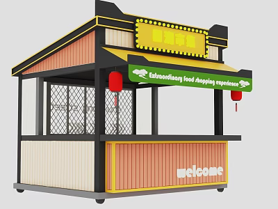 Outdoor Commercial Kiosk With Wooden Structure Yellow Green Signboard Red Lanterns And Welcome Sign 3d model