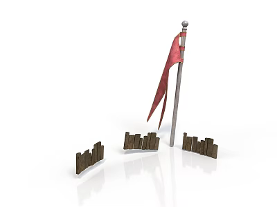Red Flag On Flagpole With Wooden Fence Sections In White Background 3d model