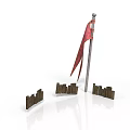 Red Flag On Flagpole With Wooden Fence Sections In White Background