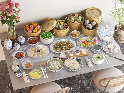 Assorted Chinese Dishes And Dim Sum In Bamboo Steamers And Ceramic Bowls On Dining Table 3d model