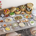 Assorted Chinese Dishes And Dim Sum In Bamboo Steamers And Ceramic Bowls On Dining Table