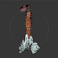 Cartoon Style Red Pagoda Tower With Pink Umbrella On Blue Wave Base