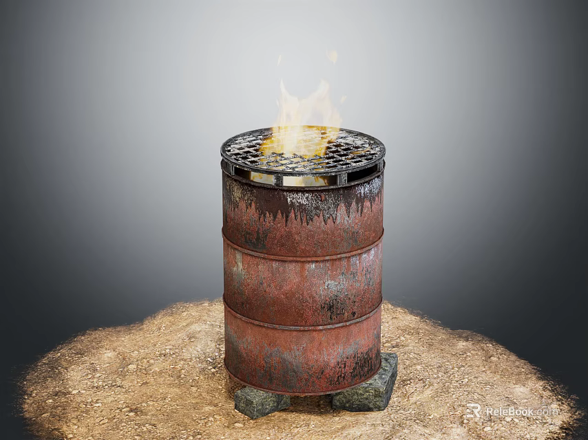 Rusty Oil Barrel With Burning Fire On Stones And Sand 3d model 