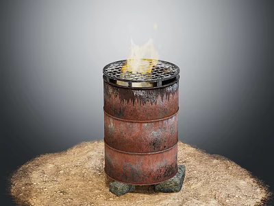 Rusty Oil Barrel With Burning Fire On Stones And Sand 3d model