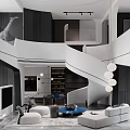 Modern Duplex Living Room Interior Featuring Spiral Staircase White Sofa Marble Flooring And Artwork
