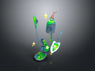 Green And Gray 3D Model Components With Tool Shaped Parts And Yellow Stars 3d model
