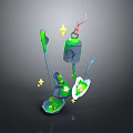 Green And Gray 3D Model Components With Tool Shaped Parts And Yellow Stars