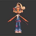 Anthropomorphic Cartoon Character Creature With Curly Hair Blue Overalls Pink Shoes And Holding Tag