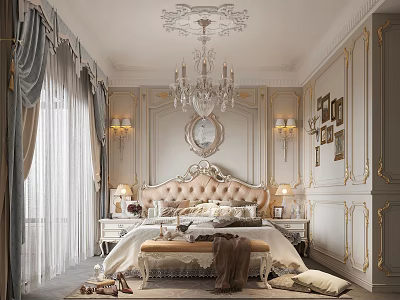Luxurious Classic Bedroom With Ornate Tufted Headboard Crystal Chandelier Paneled Walls And Wall Sconces 3d model