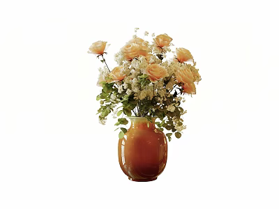 Orange Ceramic Vase With Orange Roses Small White Flowers And Green Leaves For Home Decor 3d model