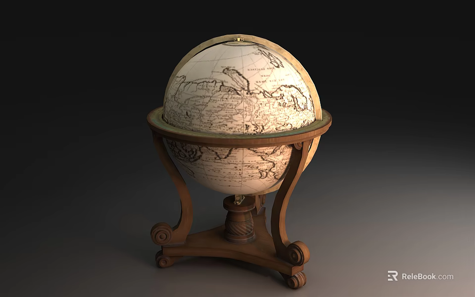 Vintage Globe Decorative Ornament Set With Wooden Base And Carved Details 3d model 