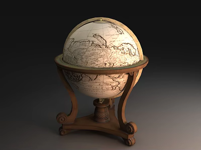 Vintage Globe Decorative Ornament Set With Wooden Base And Carved Details 3d model