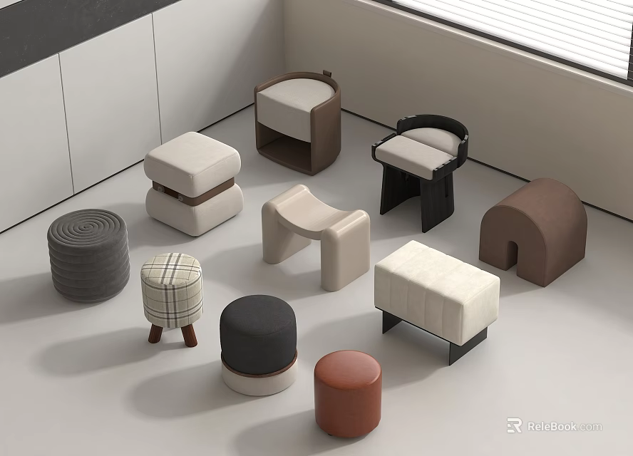 Contemporary Stools In Various Upholstered Designs With Round Square Shapes And Colors 3d model 