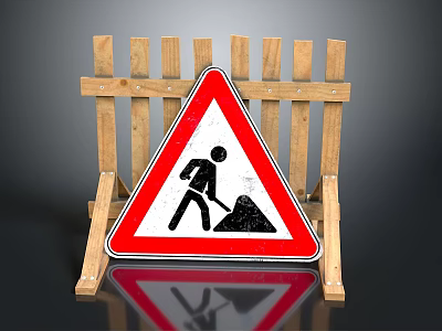 Road Work Warning Sign Featuring Shoveling Man Symbol And Wooden Barrier 3d model