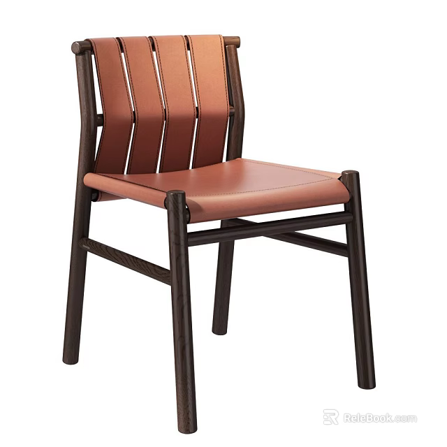 Modern Minimalist Leisure Chair With Striped Leather Backrest And Dark Wooden Frame 3d model 