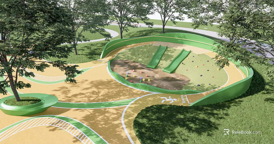 Outdoor Children's Playground With Green Slides Sandpit Curved Paths Surrounded By Trees 3d model 