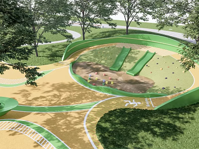 Outdoor Children's Playground With Green Slides Sandpit Curved Paths Surrounded By Trees 3d model