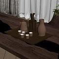 Wooden Table Setup With Metal Tray Teapot Teacups Knife Holder Vase Curtains And Green Plant