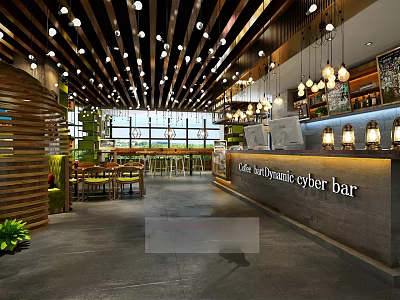 Modern Café Interior With Wooden Ceiling Hanging Lights And Marble Counter 3d model