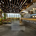 Modern Café Interior With Wooden Ceiling Hanging Lights And Marble Counter